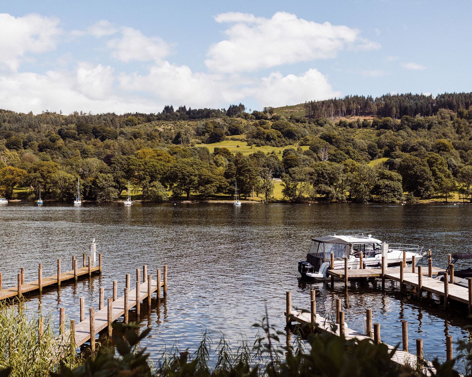 A scenic wedding venue with a green-roofed gazebo and blooming purple rhododendrons overlooking a serene lake.
