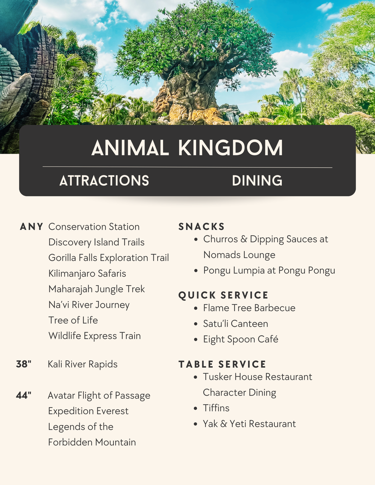 Menu interface showing various Disney Animal Kingdom attraction and dining options with colorful headings and text.