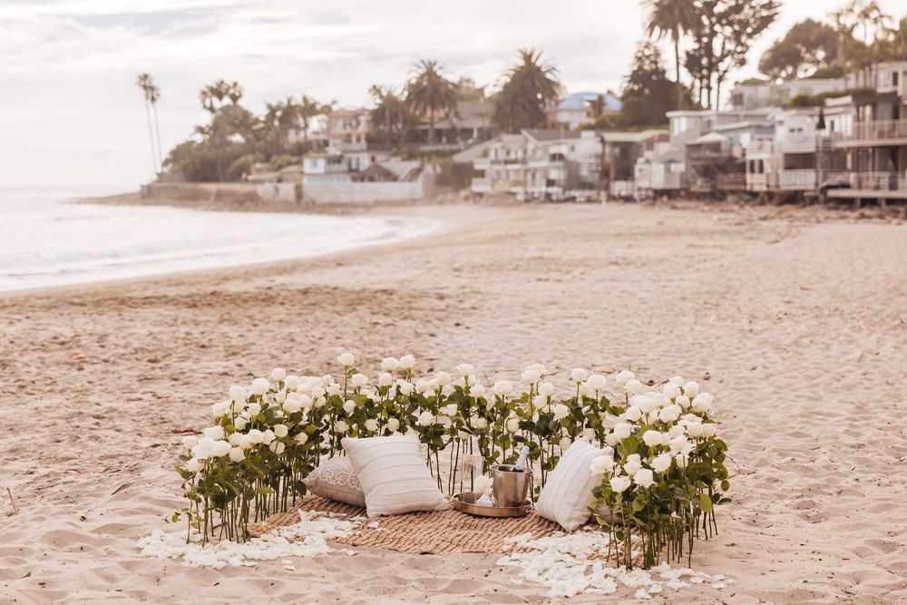 White roses and pillows arranged on a sandy beach at sunset with coastal homes in the background.