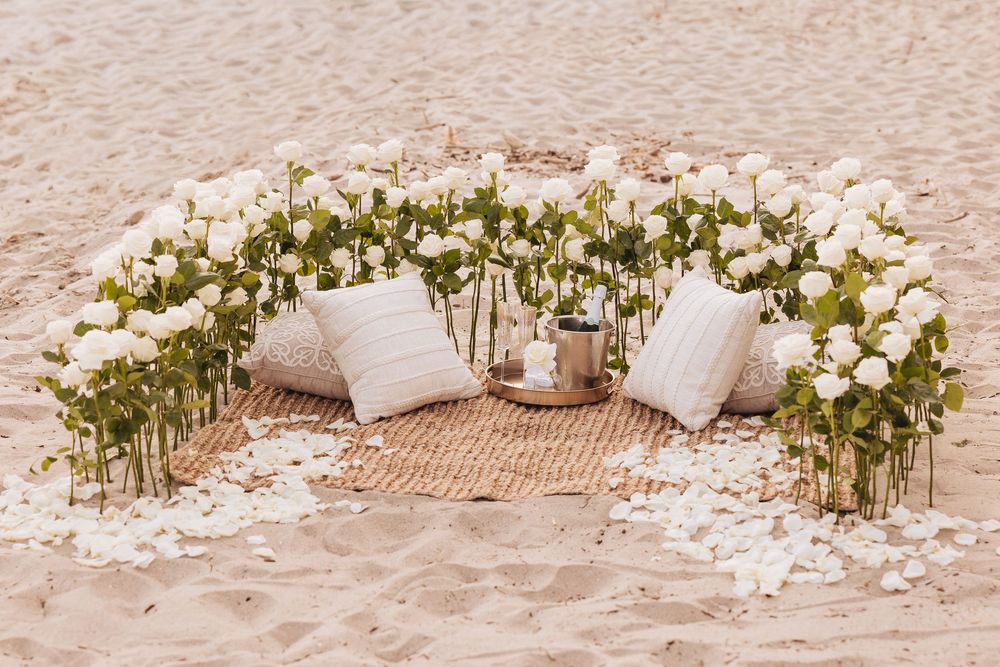 Romantic beach picnic setup with white roses, pillows, and a lantern on a woven mat surrounded by rose petals on sand.