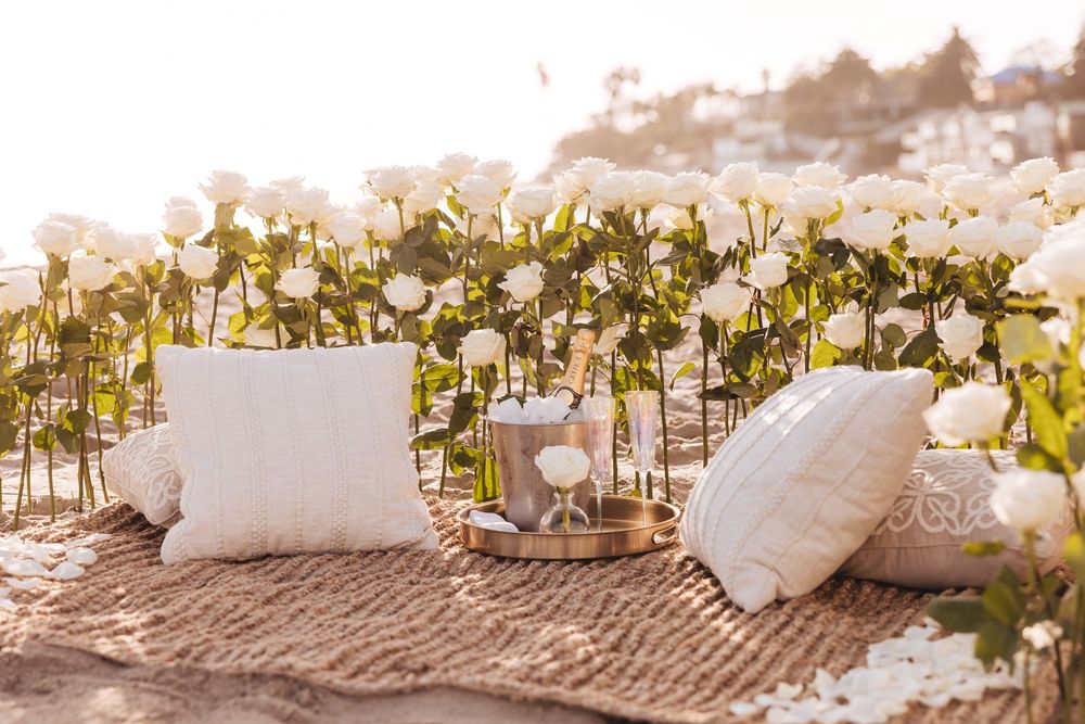 Elegant beach picnic with white roses, decorative pillows, and champagne on a woven mat at sunset.