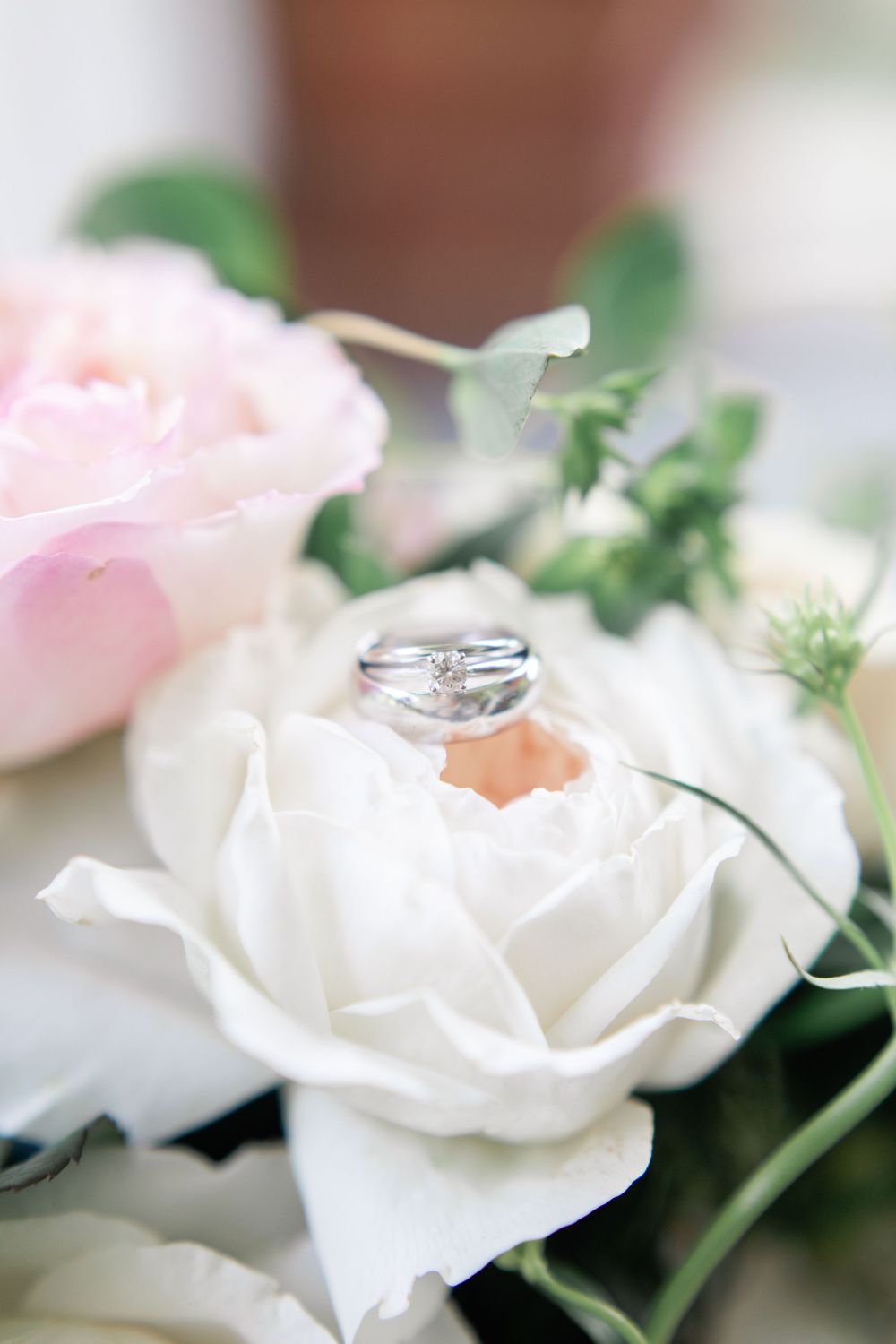 Silver wedding rings and diamond engagement ring nestled in a white rose bouquet.