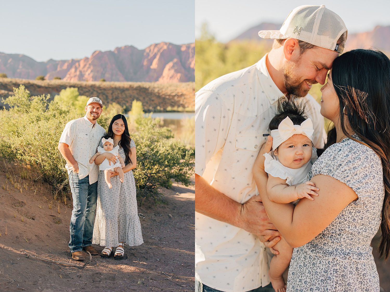 Family portrait with parents holding baby outdoors near red rock formations and a lake in warm natural light.
