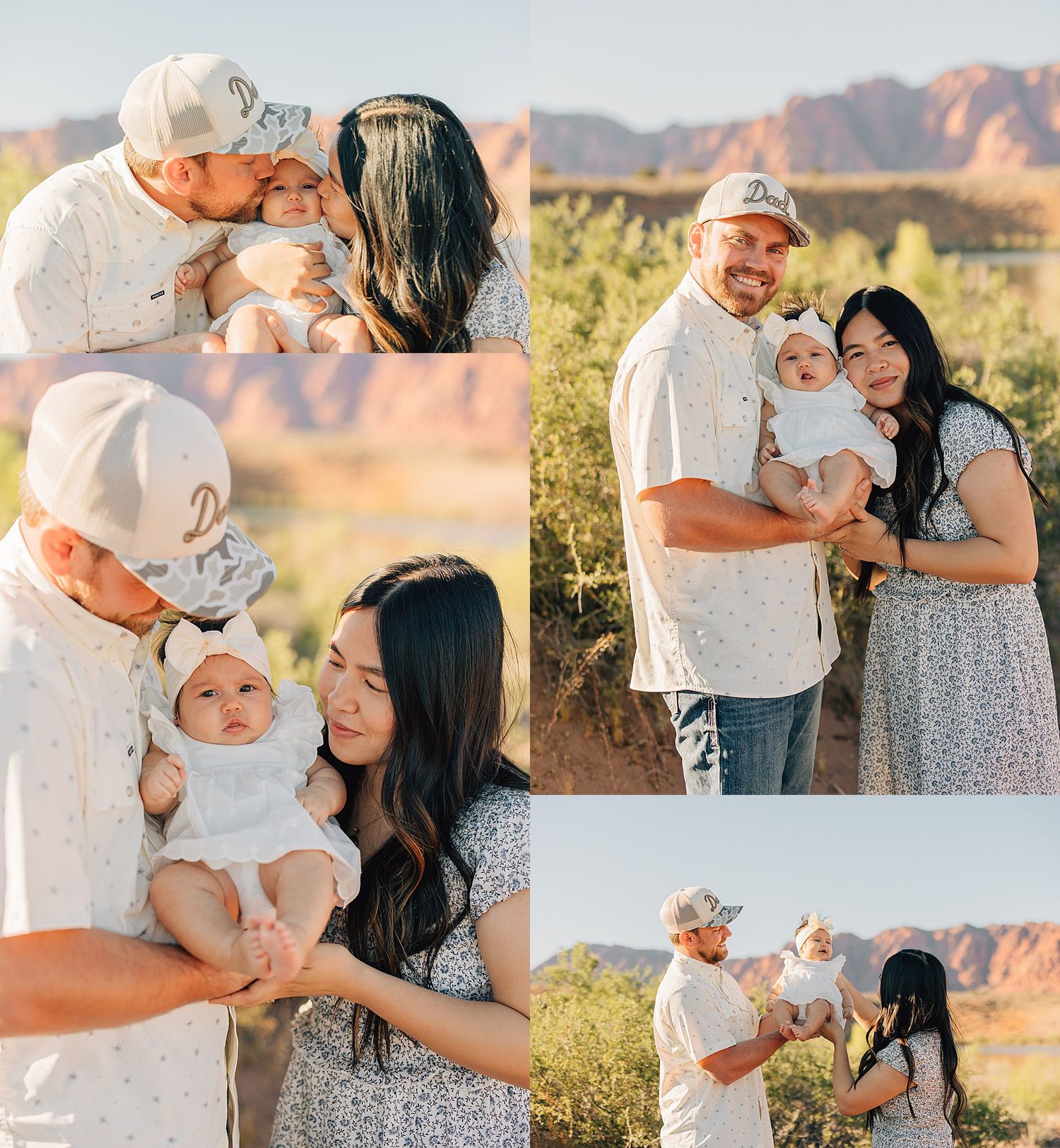 Family portrait collage of parents with baby in desert landscape with red rock mountains.