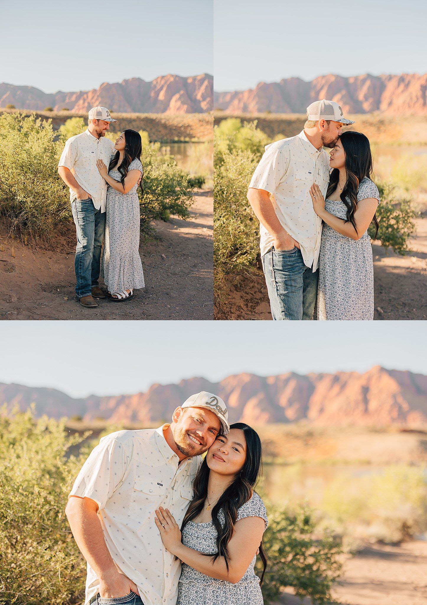 Couple embracing on a desert trail with red rock mountains in the golden hour light during their engagement photo session.
