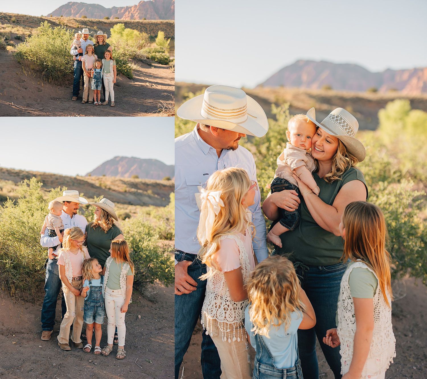 Family portrait collage with parents in cowboy hats and children posing on desert trail with red rock mountains.