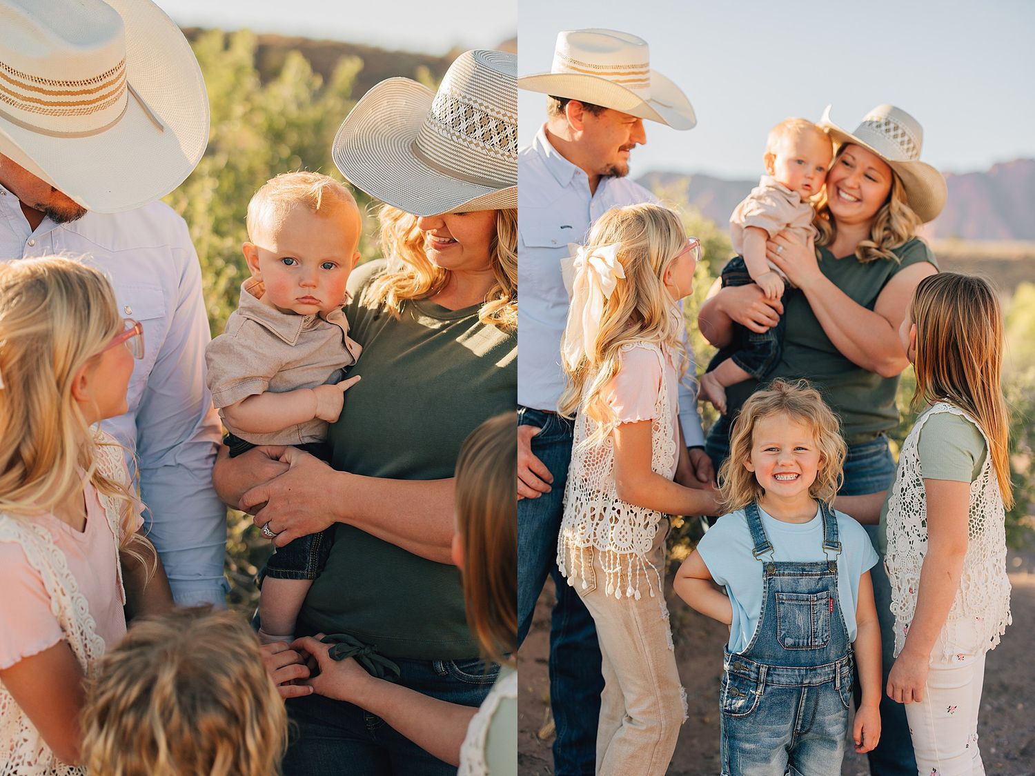 Family in cowboy hats poses outdoors in golden light, parents holding baby while children gather around in a warm desert setting.