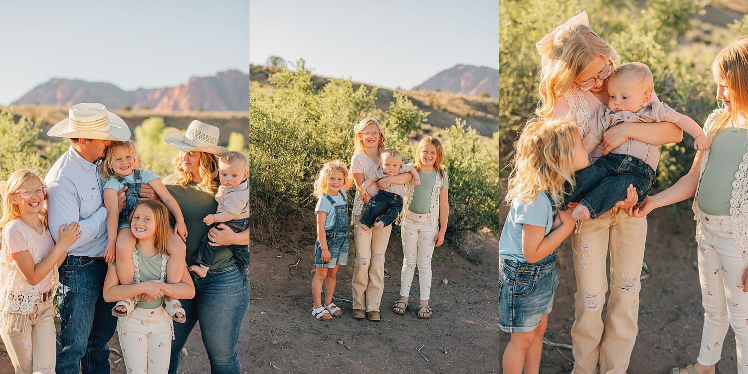 A family with young children shares warm embraces during an outdoor photo session in a desert landscape at golden hour.