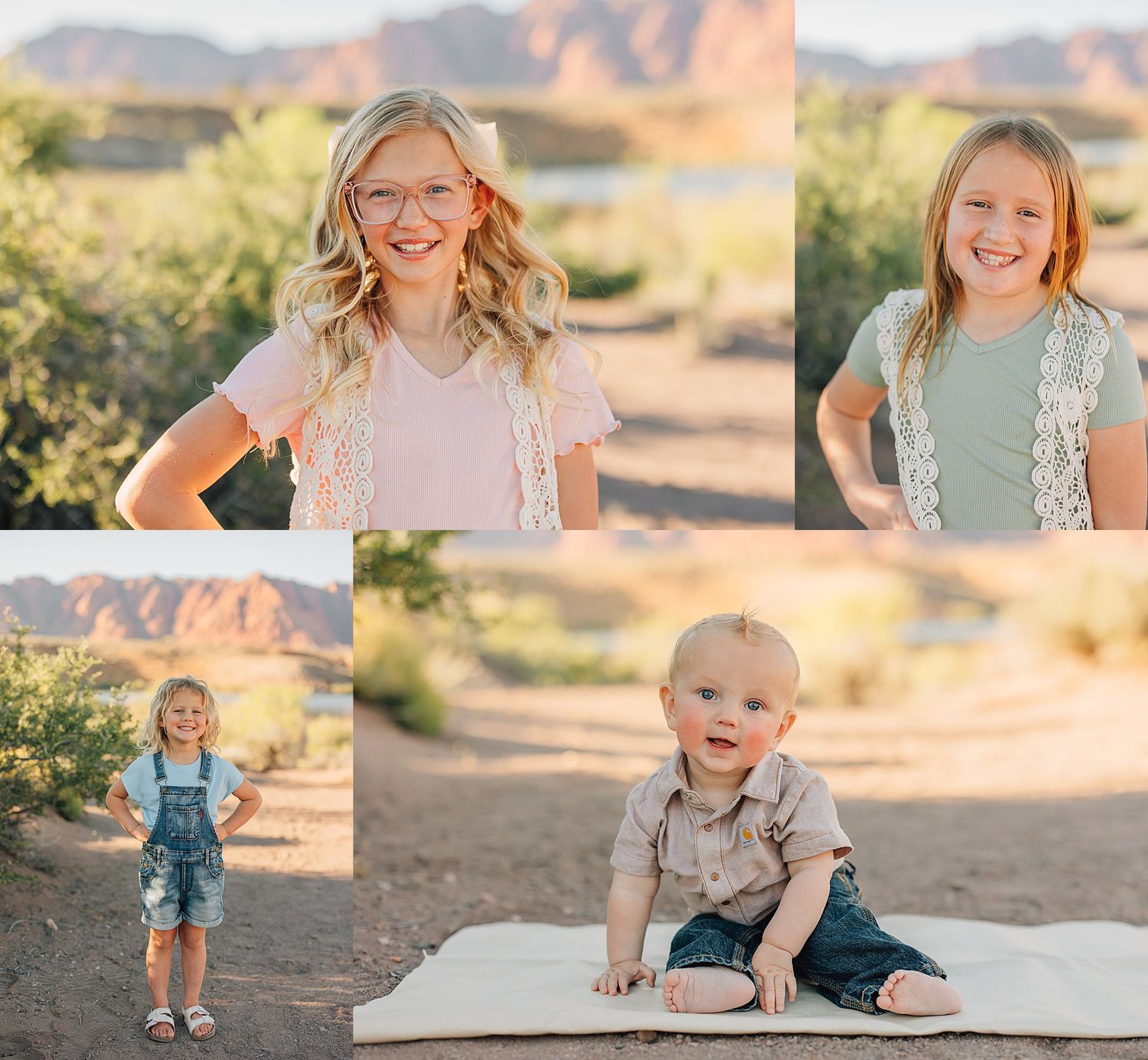 Collage of three blonde children posing outdoors in desert landscape with red rock mountains in background.