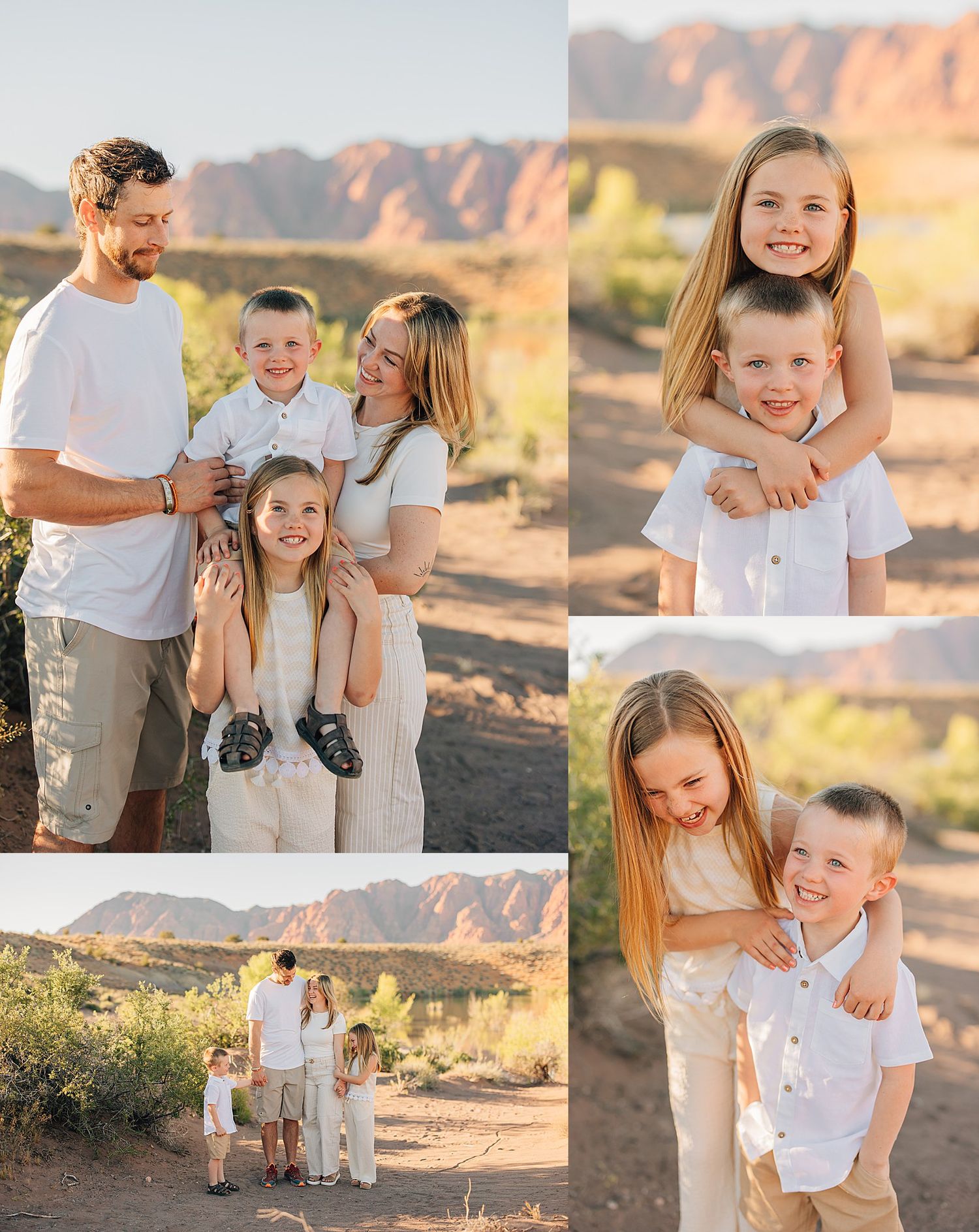 Family of four poses in Arizona desert with red rock mountains, wearing white and beige outfits during golden hour.
