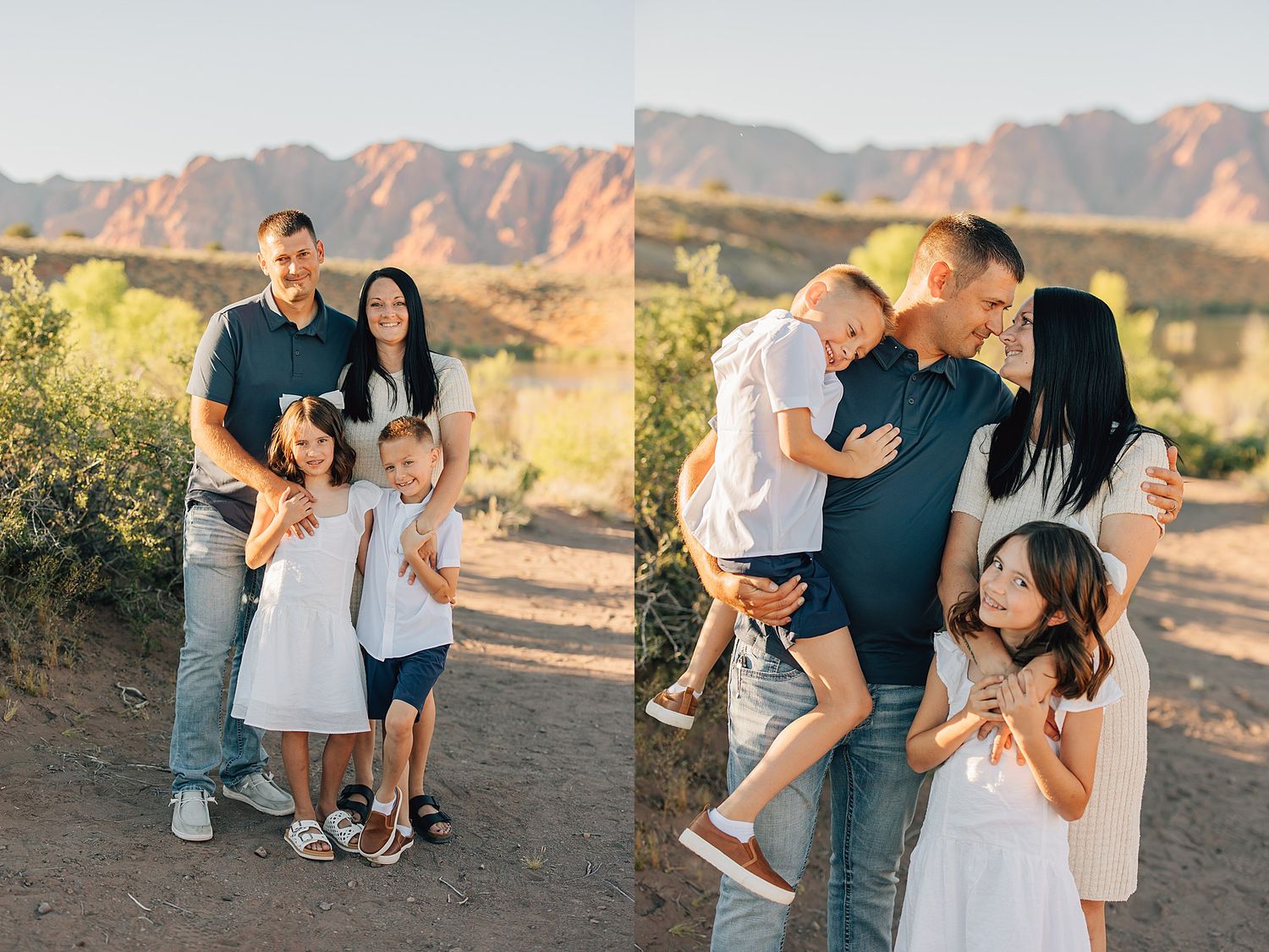 A family of five poses for portraits in the desert at sunset with vibrant red rock mountains behind them.