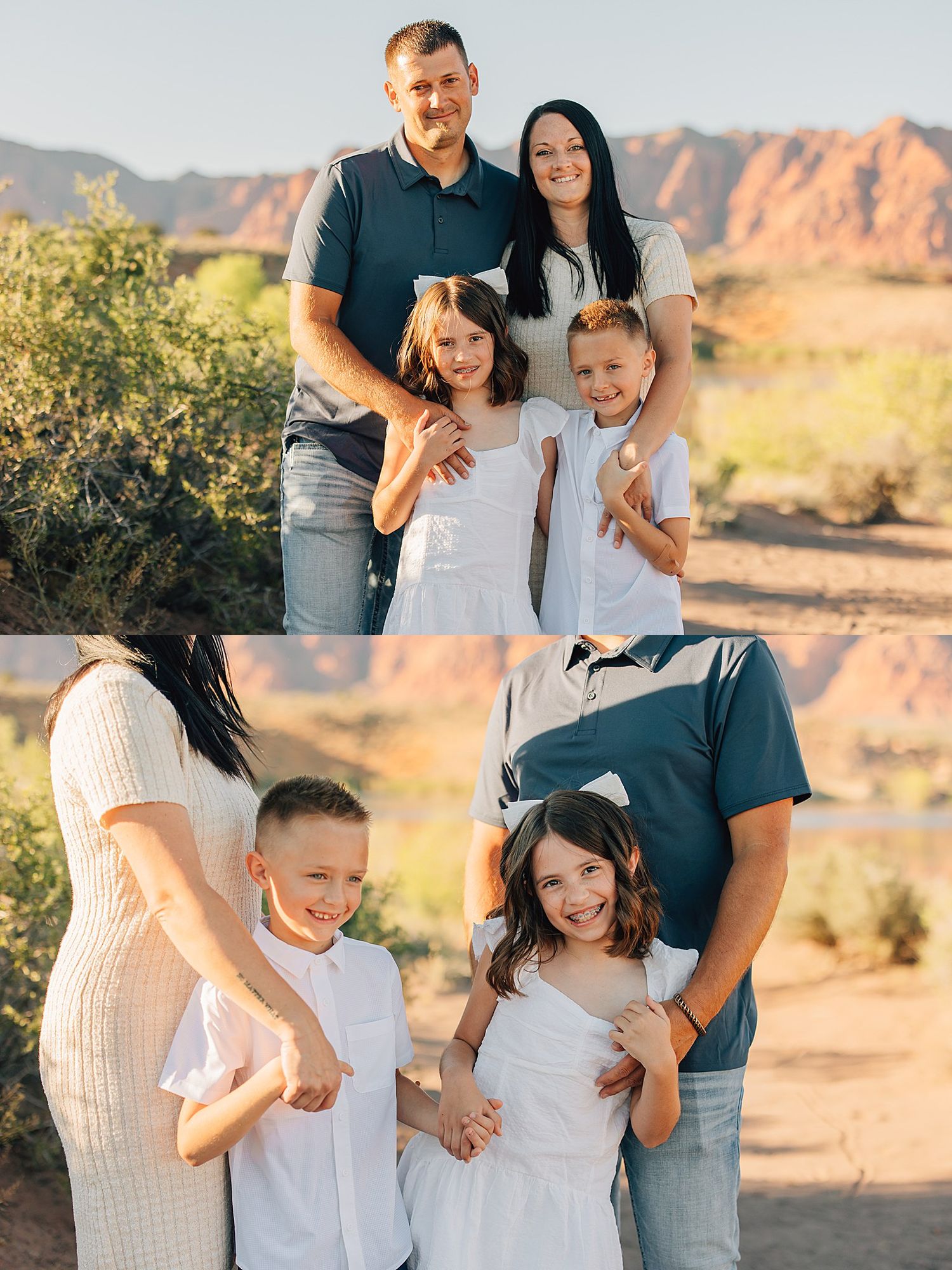 Family of four poses outdoors near red rock formations, parents with two children in coordinating white and blue outfits.