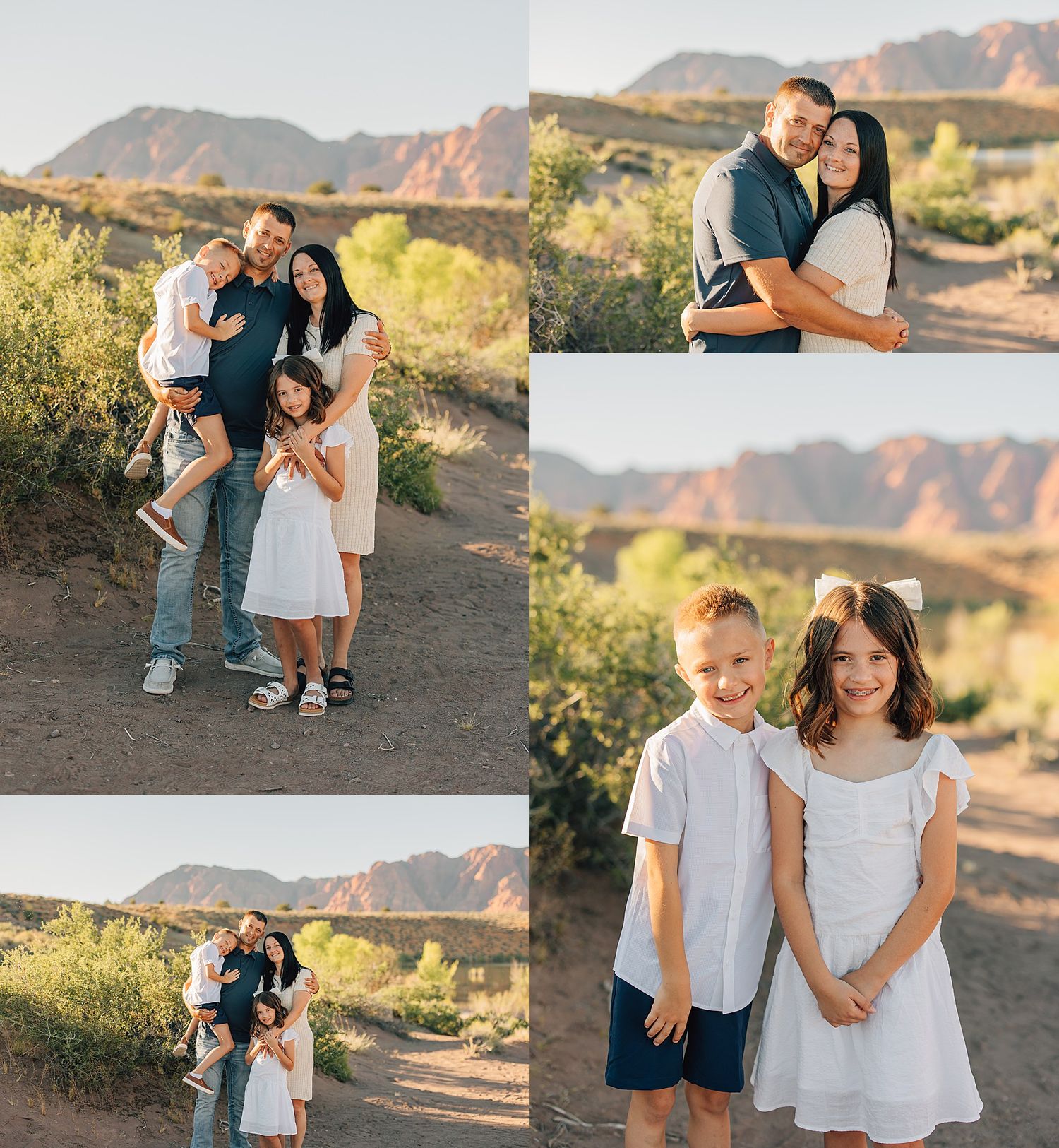 A collage of outdoor family photos taken at golden hour with red rock mountains in the Arizona desert background.