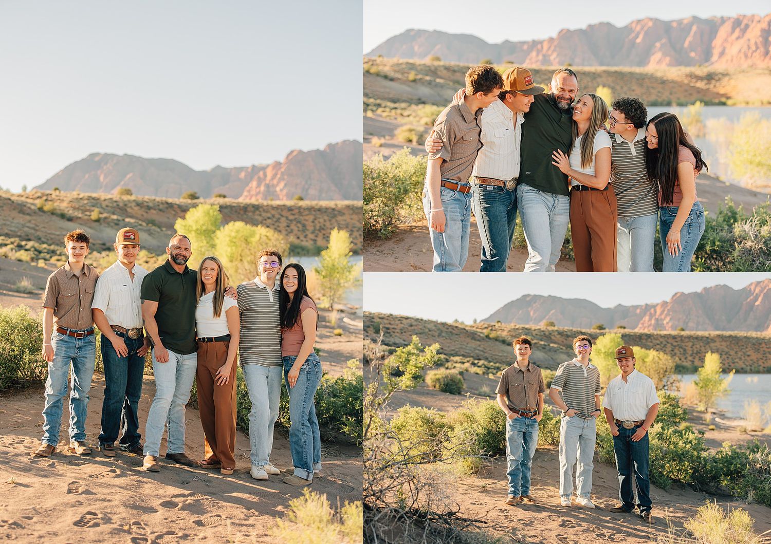 Family portrait session in desert landscape with mountain backdrop at golden hour, group posing in casual attire outdoors.