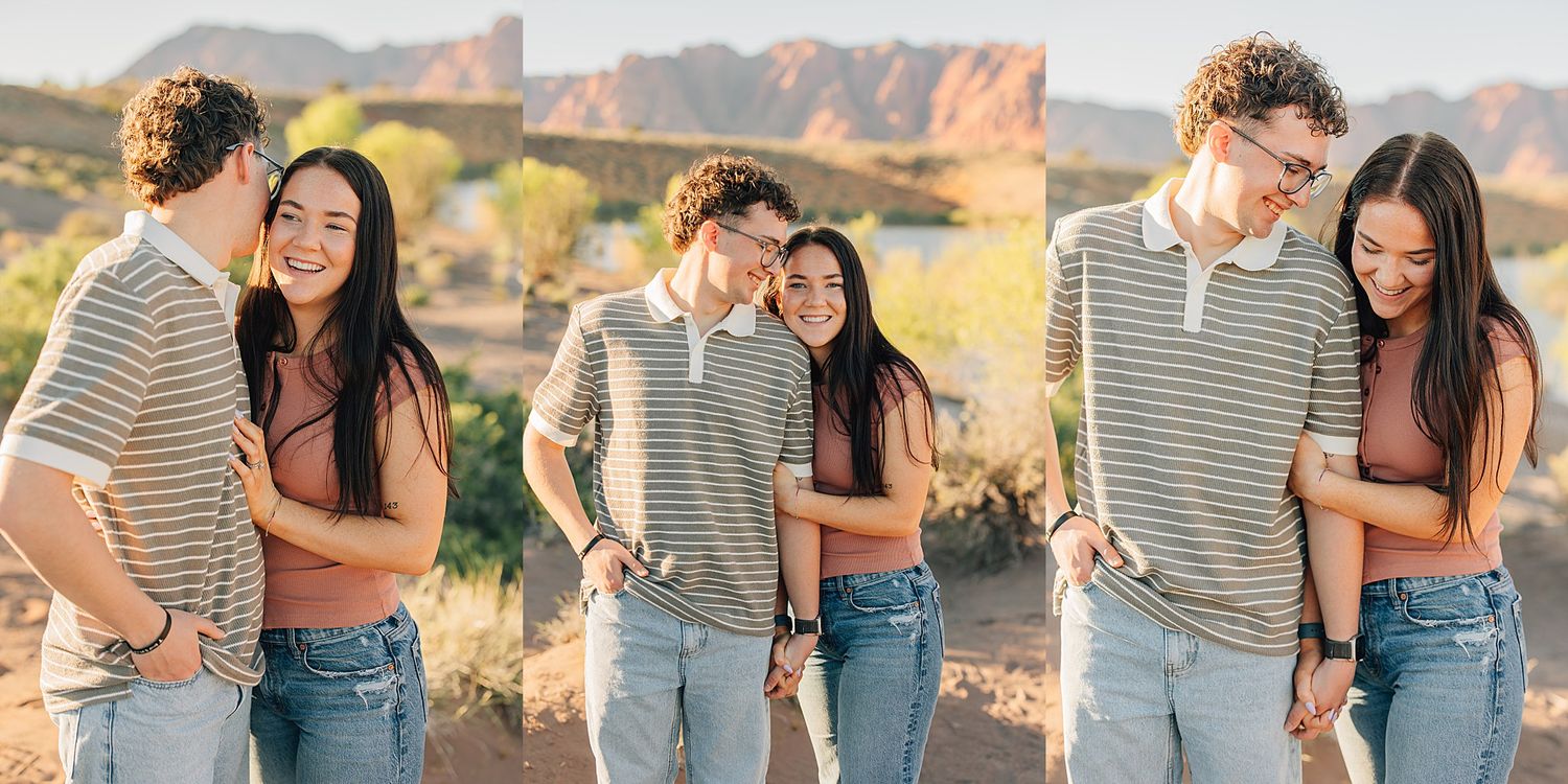 Couple embracing and laughing together outdoors in the Arizona desert with golden mountain backdrop during engagement photos.