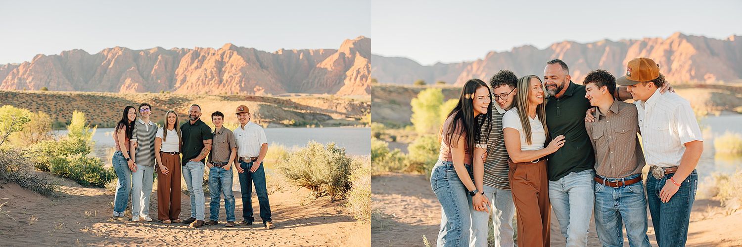 Family posing outdoors in desert landscape with red rock mountains at golden hour in Arizona.
