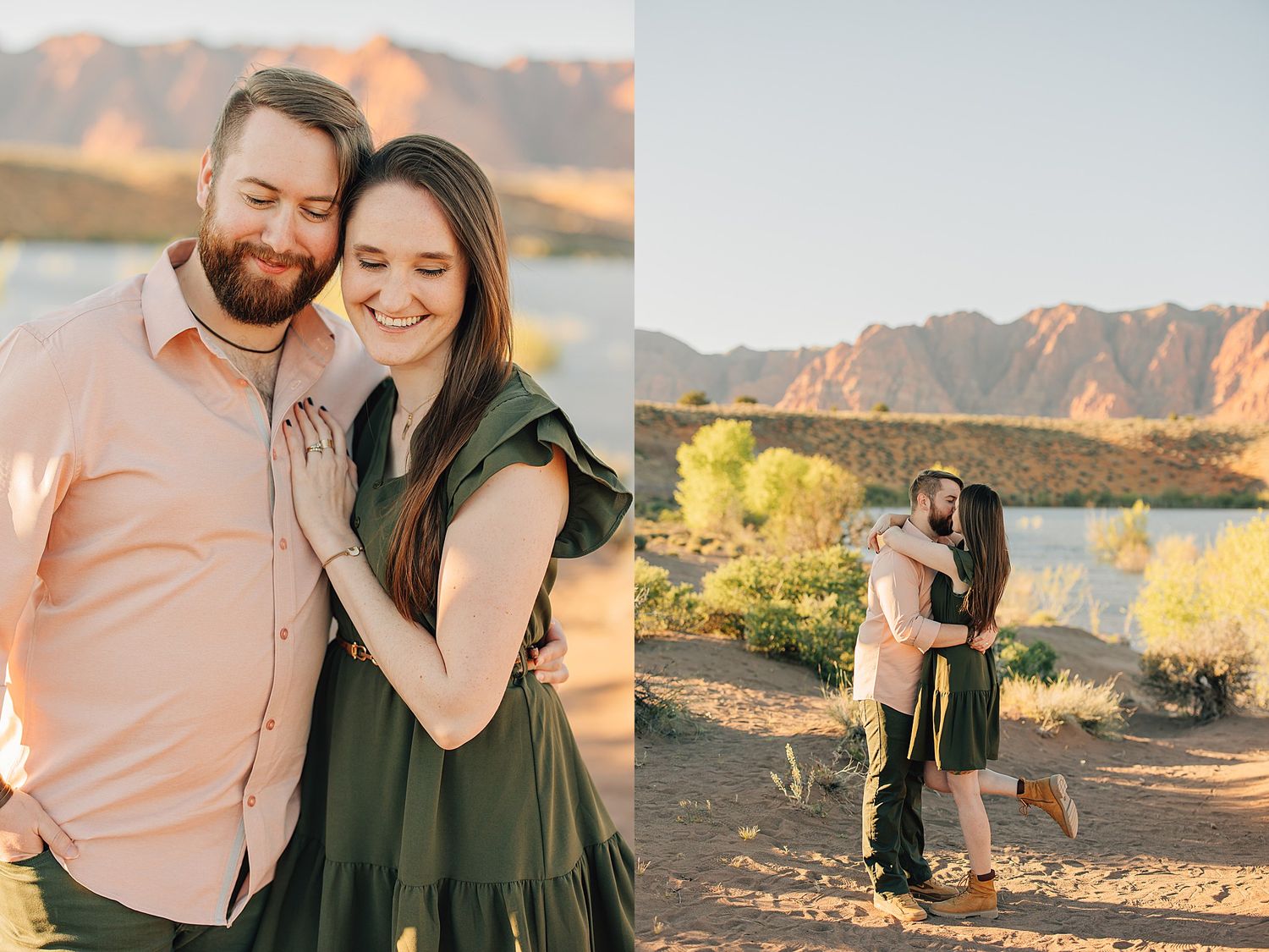 Couple embracing at golden hour near a desert lake with red mountain backdrop during an outdoor engagement session.