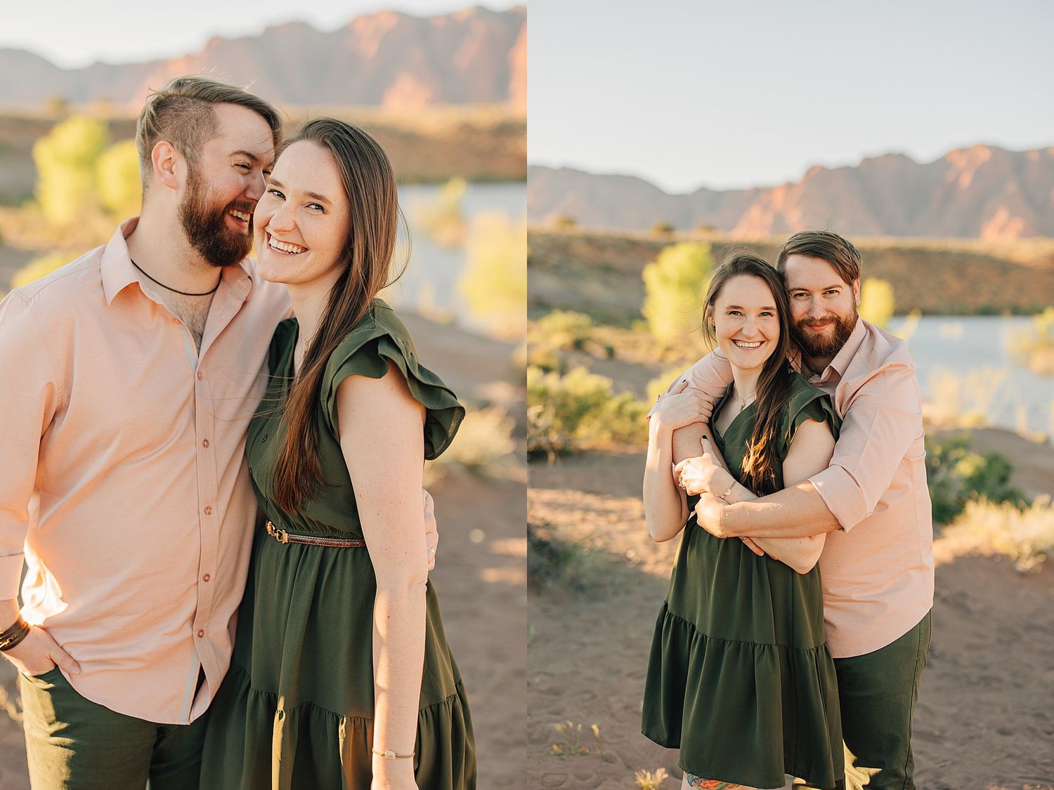 Couple embracing outdoors in desert landscape, woman in green dress and man in peach shirt, mountains in background.