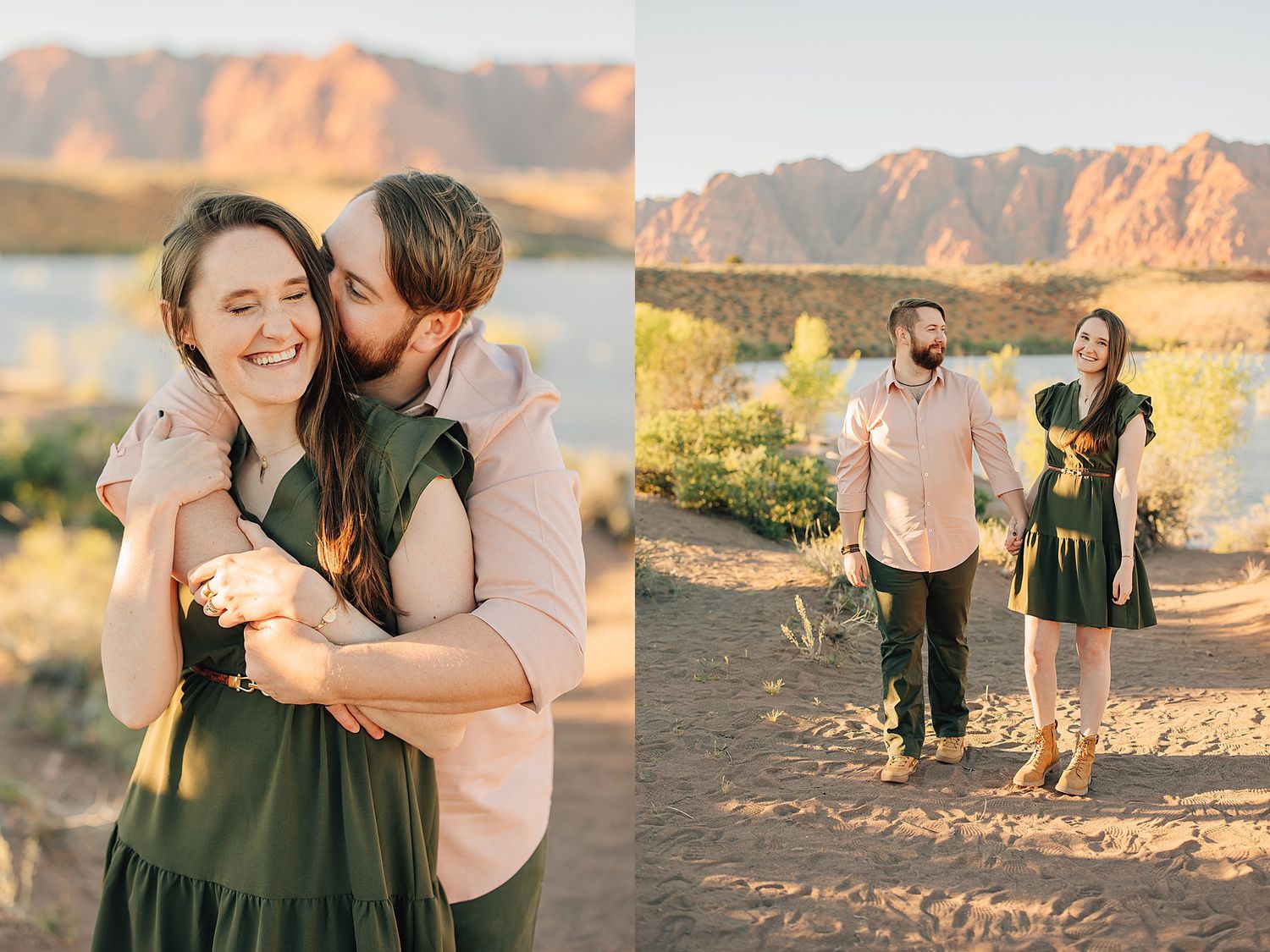 Couple embracing at golden hour near a lake with desert mountains, woman smiling as man kisses her cheek outdoors.