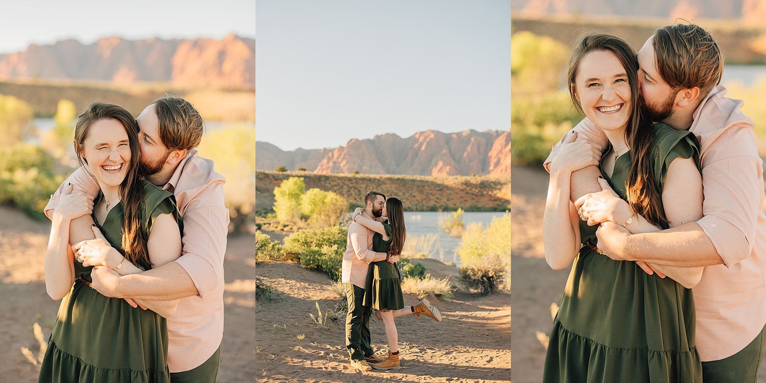 Couple embracing outdoors with red rock mountains and river backdrop during golden hour engagement photo session.