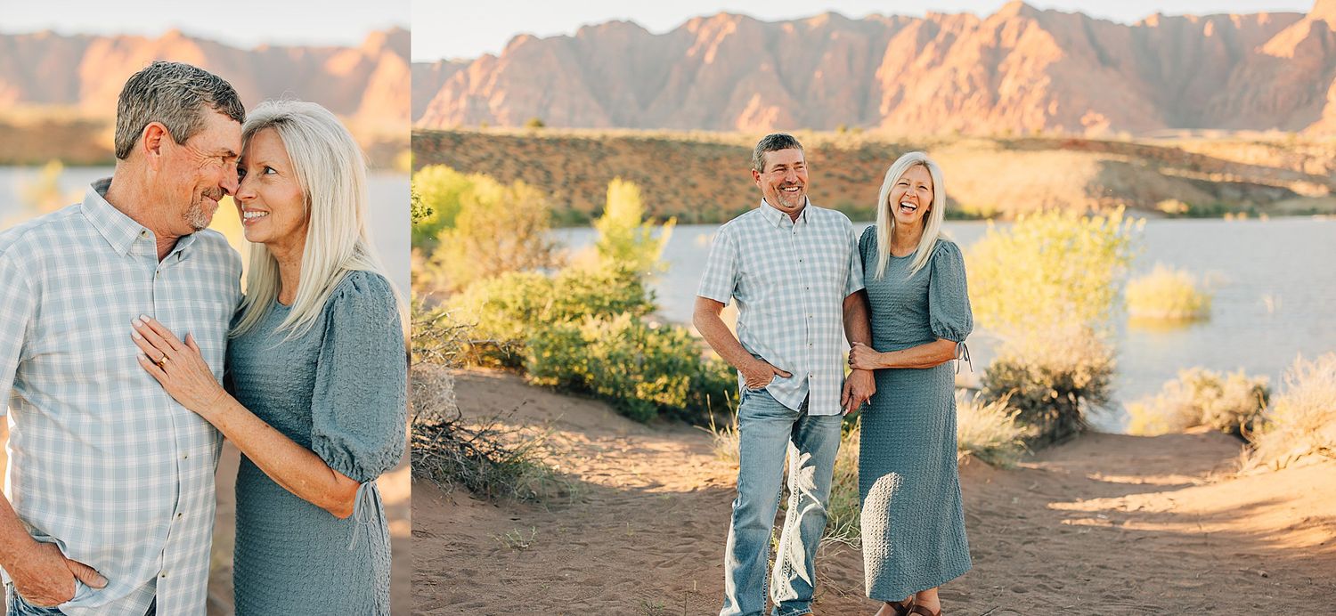 Couple poses romantically at golden hour near a desert lake with mountain backdrop in matching sage outfits.
