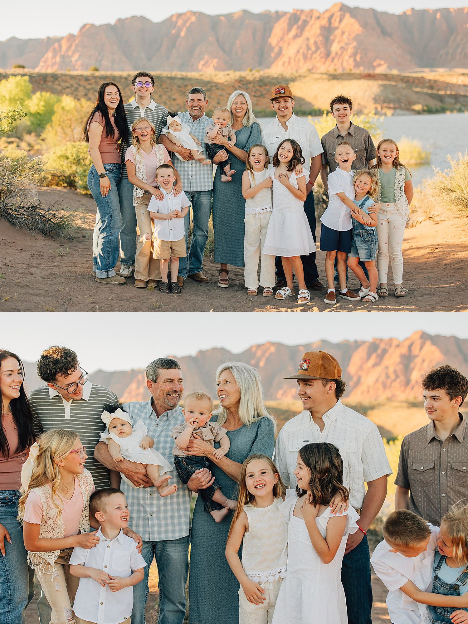 Large family posing together outdoors in desert landscape with red rock mountains at golden hour sunset.