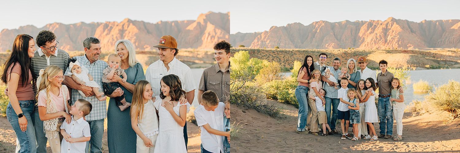 Large family group portrait outdoors near a lake with red rock mountains at golden hour in Arizona desert landscape.