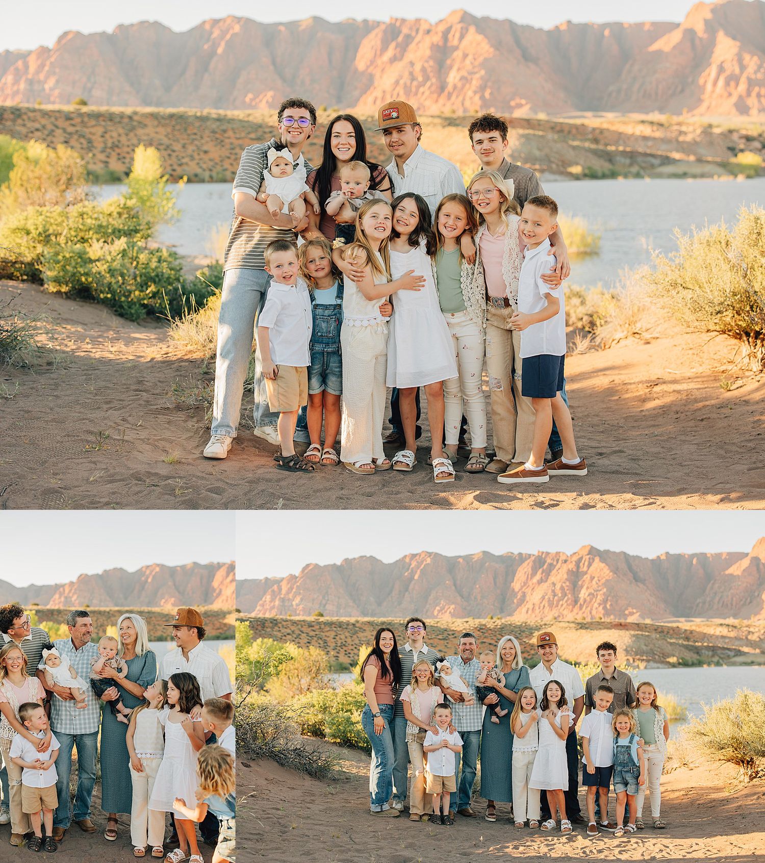 Large family posing together outdoors near a lake with desert mountains in Arizona at golden hour.