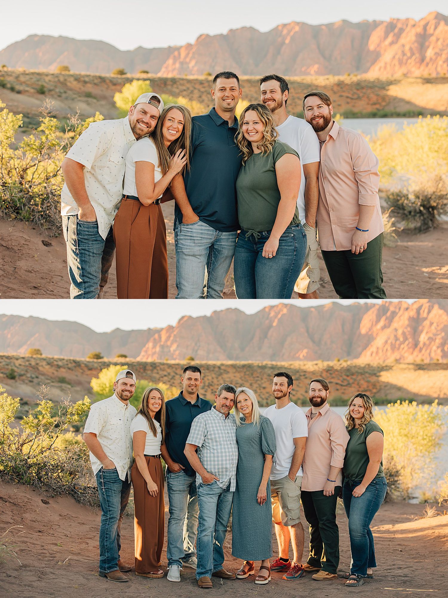 Two family portrait photos taken outdoors in a desert landscape with red rock mountains at golden hour.