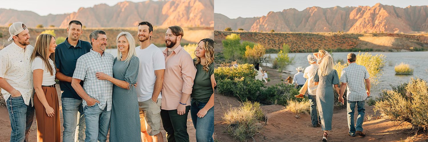 Family portrait session in Arizona desert with mountain backdrop near a lake, group posing in coordinated neutral outfits.