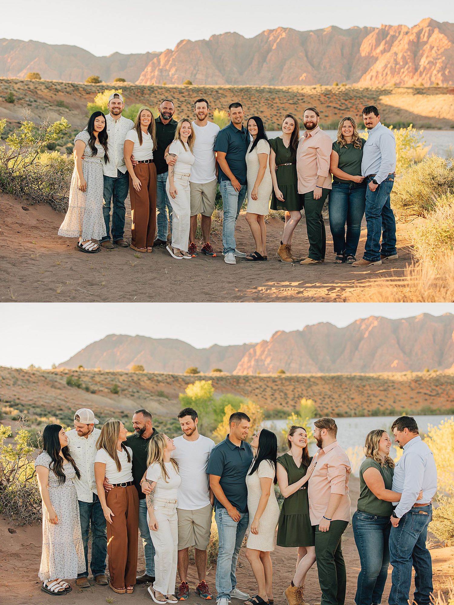 Large family group posing for portraits outdoors in the desert with mountain backdrop at golden hour.