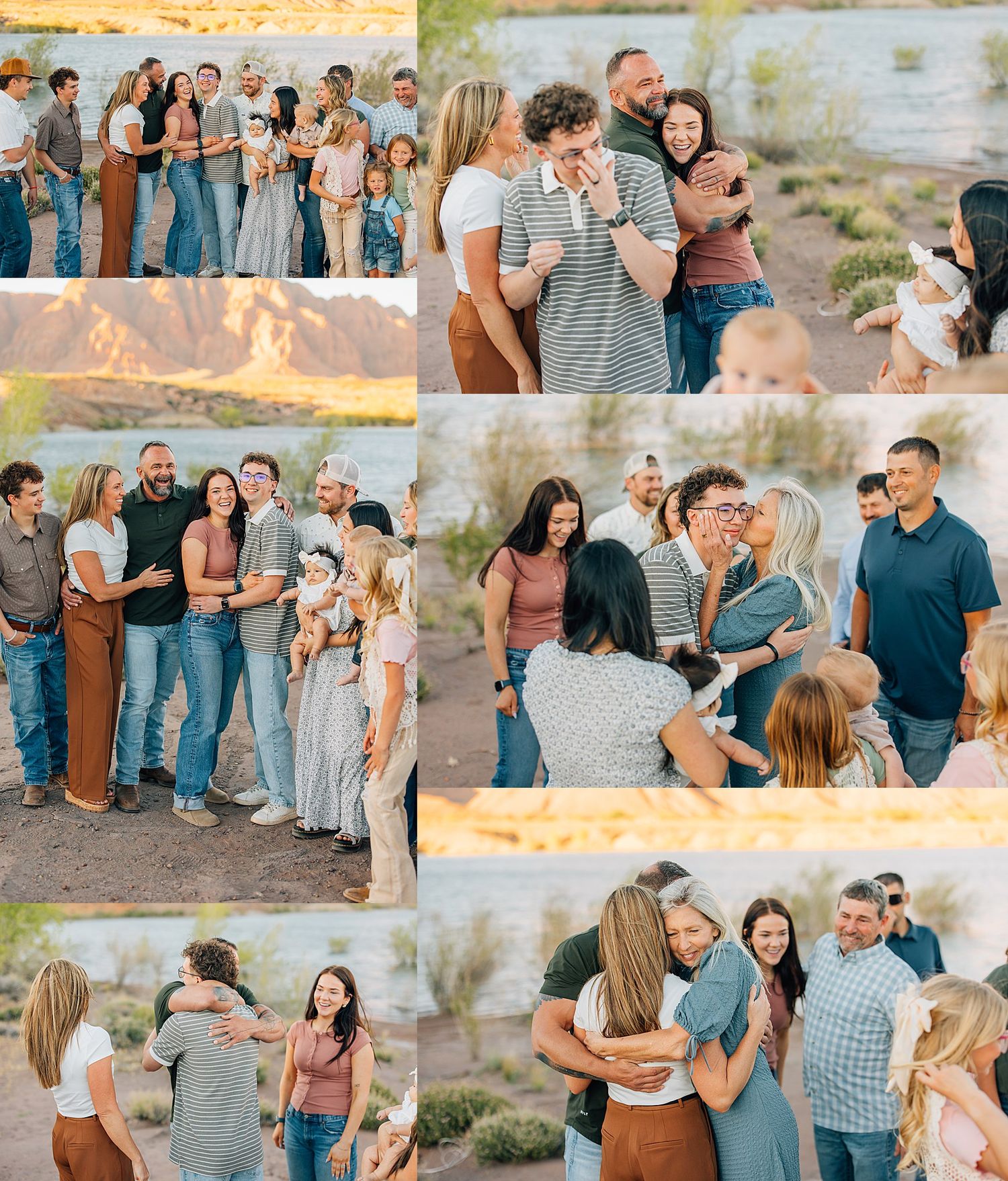 A joyful family gathering outdoors near a river, sharing hugs and emotional moments during a group photo session at golden hour.