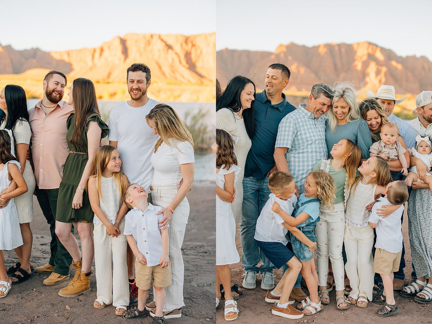 Two family groups pose outdoors in desert landscape with golden mountain backdrop during sunset photo session.
