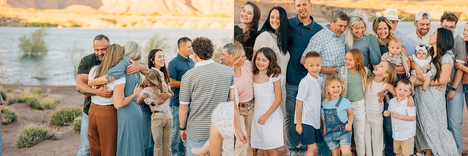 Large family posing together outdoors near a lake at sunset, wearing coordinated pastel and neutral outfits.