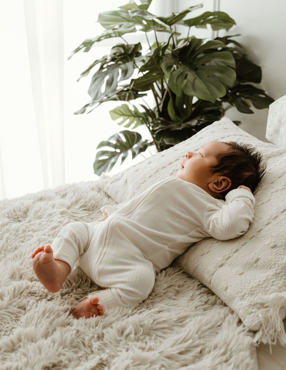 A peaceful newborn baby in a white onesie lying on a fluffy cream blanket with a lush monstera plant in the background.