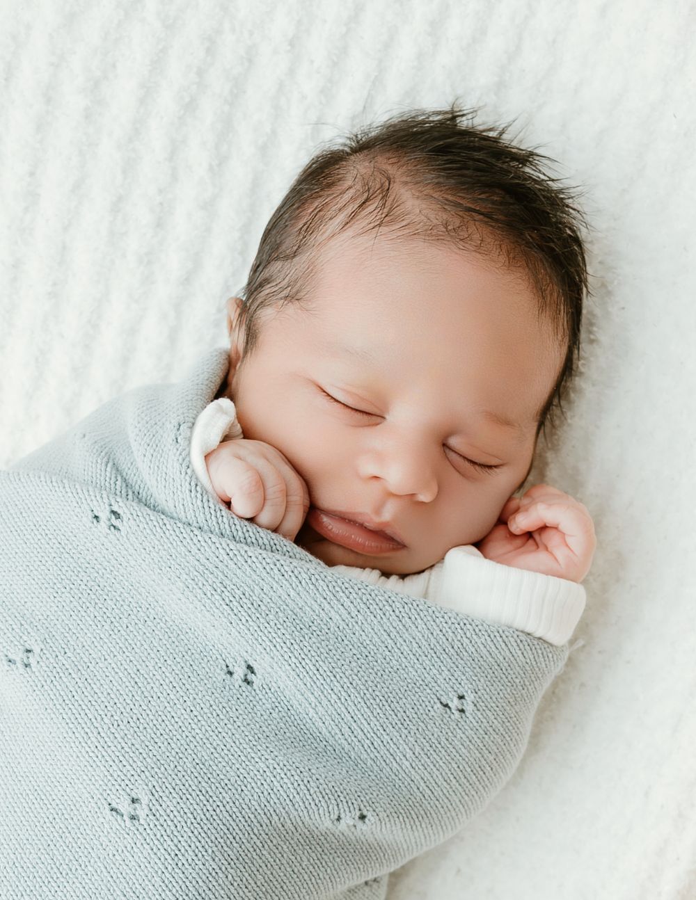Peaceful newborn baby sleeping swaddled in a soft light blue knit blanket on a white textured surface.