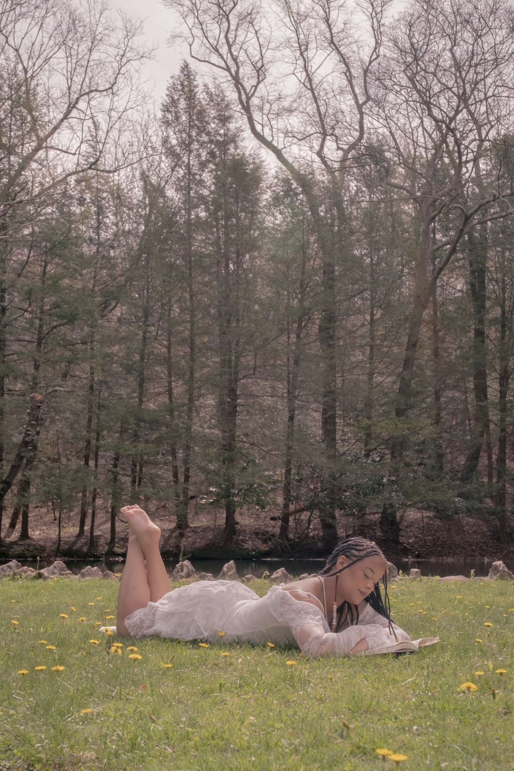 Young woman in white dress lying on grass reading, surrounded by bare trees in a serene forest meadow with dandelions.
Uniontown, PA
