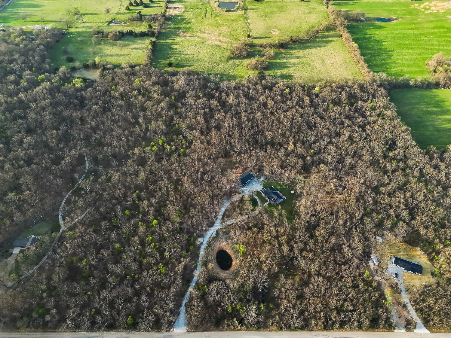 Aerial drone view of dense woodland forest with winding paths, open green fields, and rural landscape in natural setting.