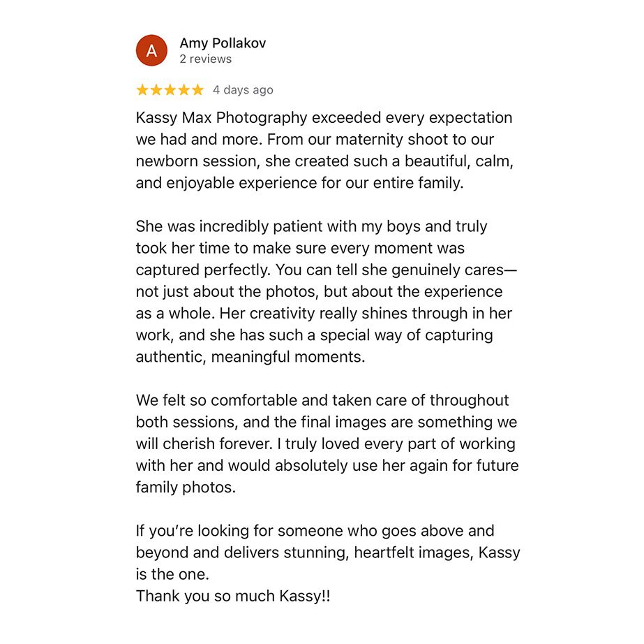 Five-star Google review praising Kassy Max Photography for maternity and newborn sessions.