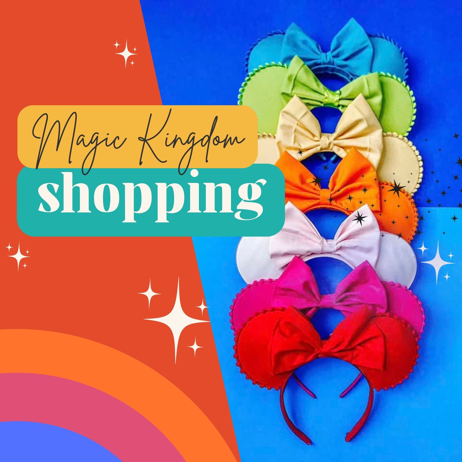 Colorful Disney-themed Minnie Mouse ear headbands with bows displayed against vibrant rainbow backgrounds.