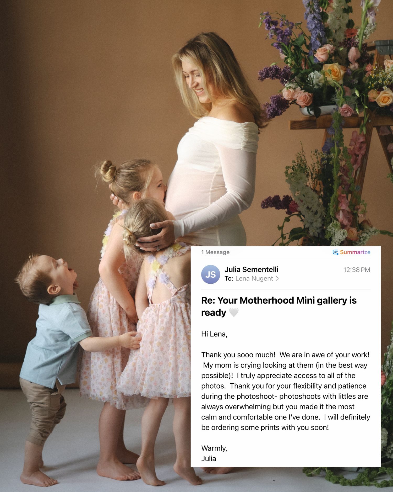 Pregnant woman posing with two young children beside a glowing client testimonial message about a motherhood mini photo session.