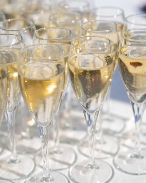 Rows of elegant champagne flutes filled with sparkling wine at a wedding reception.