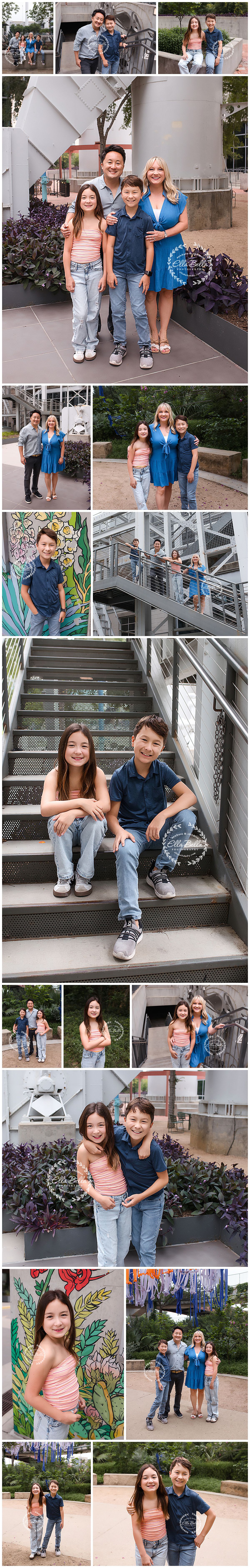 Family portrait session featuring parents and two teens in coordinating blue and pink outfits at an urban outdoor location.