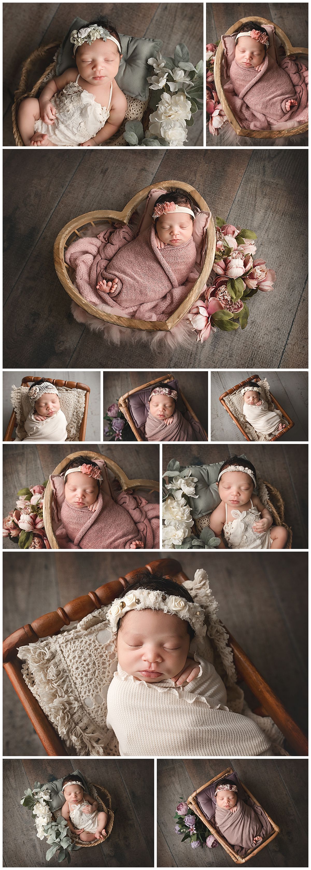 Newborn baby girl sleeping peacefully in various floral setups, wrapped in soft pink and cream fabrics with flower headbands.