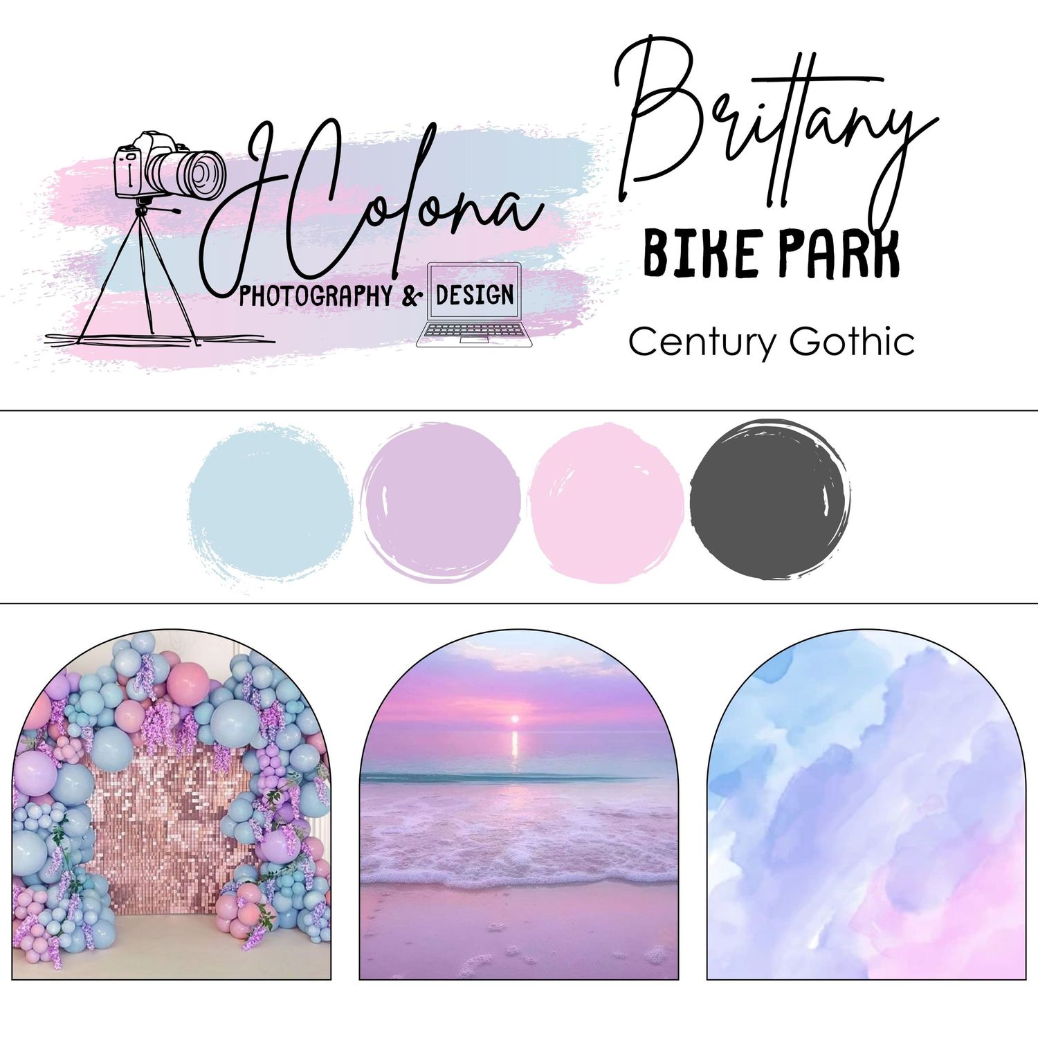 Brittany Bike Park photography backdrop set featuring balloon arch, beach sunset, and watercolor designs in pink, purple, and blue tones.