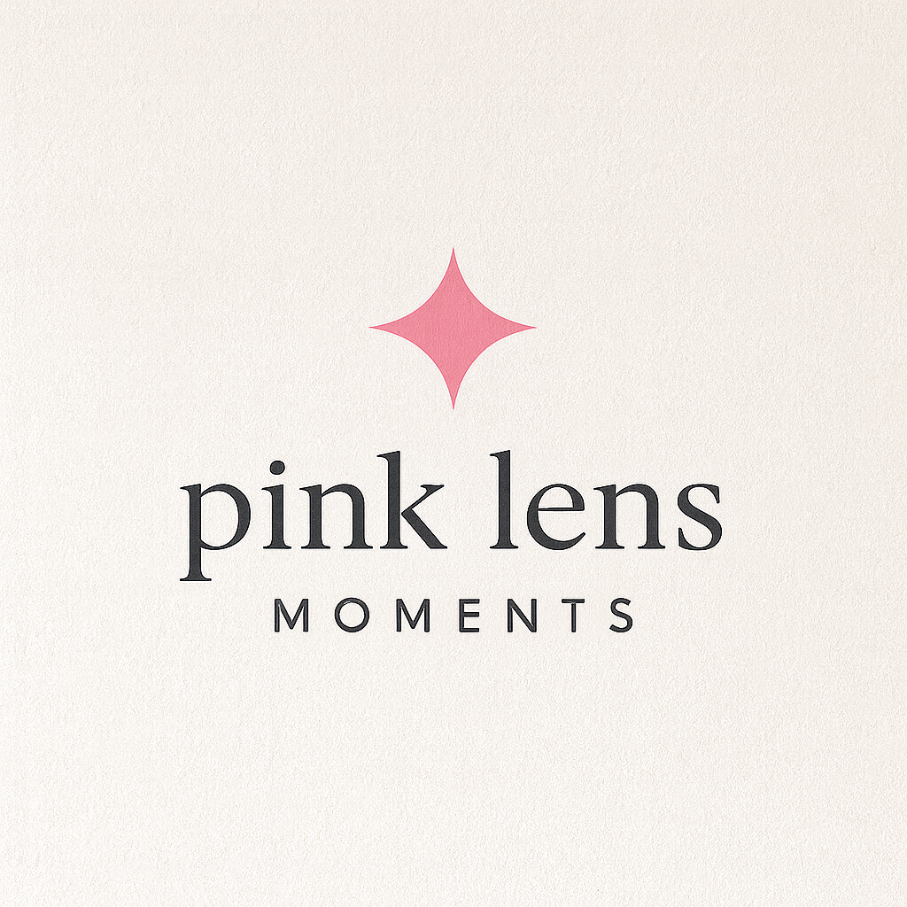 Pink Lens Moments logo featuring a pink four-pointed star above elegant serif text on a cream background.