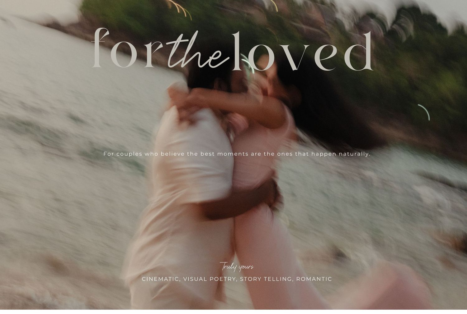 Romantic couple embracing on a beach at sunset for a wedding photography brand called For The Loved.