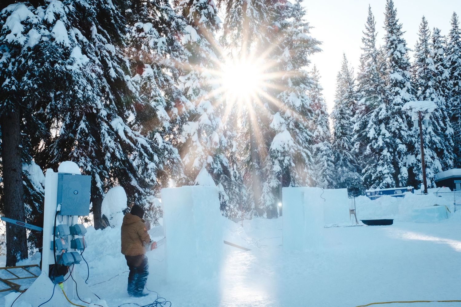 Person standing in snowy forest with sun bursting through snow-covered pine trees on a bright winter day.