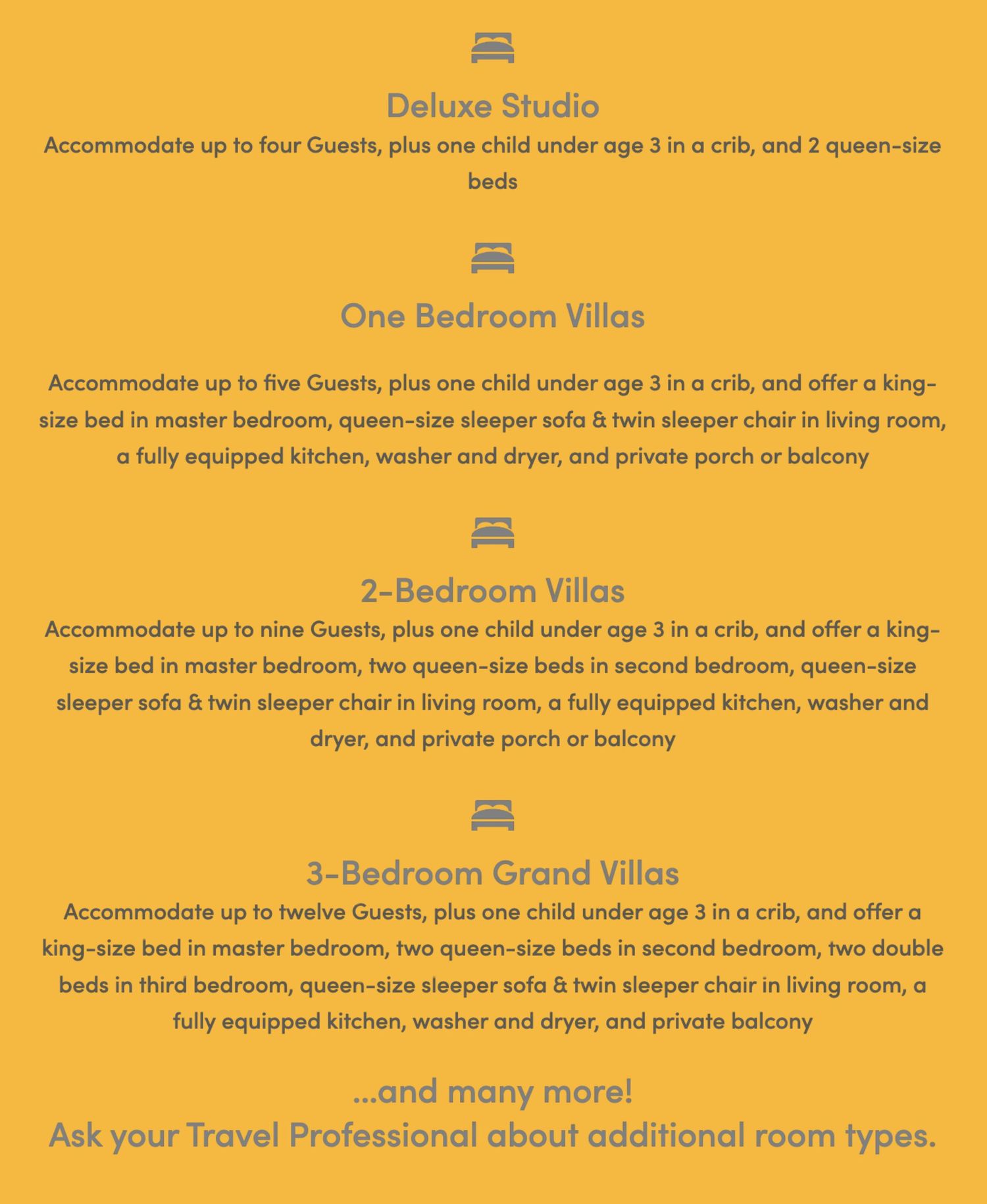 Text description of room types and accommodations at Disney resort on yellow background.