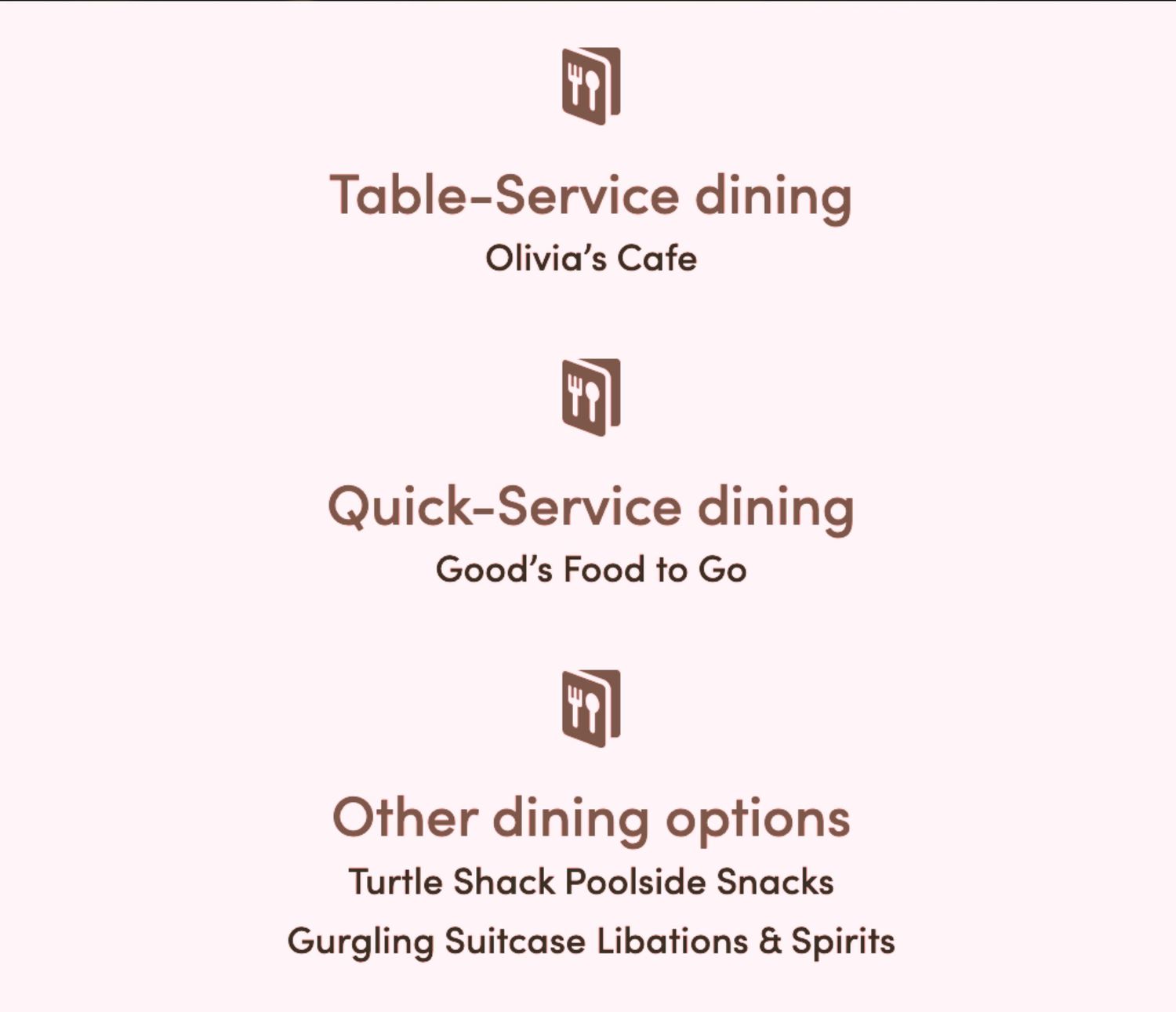 Restaurant and dining options menu showing table service, quick service and other dining choices.